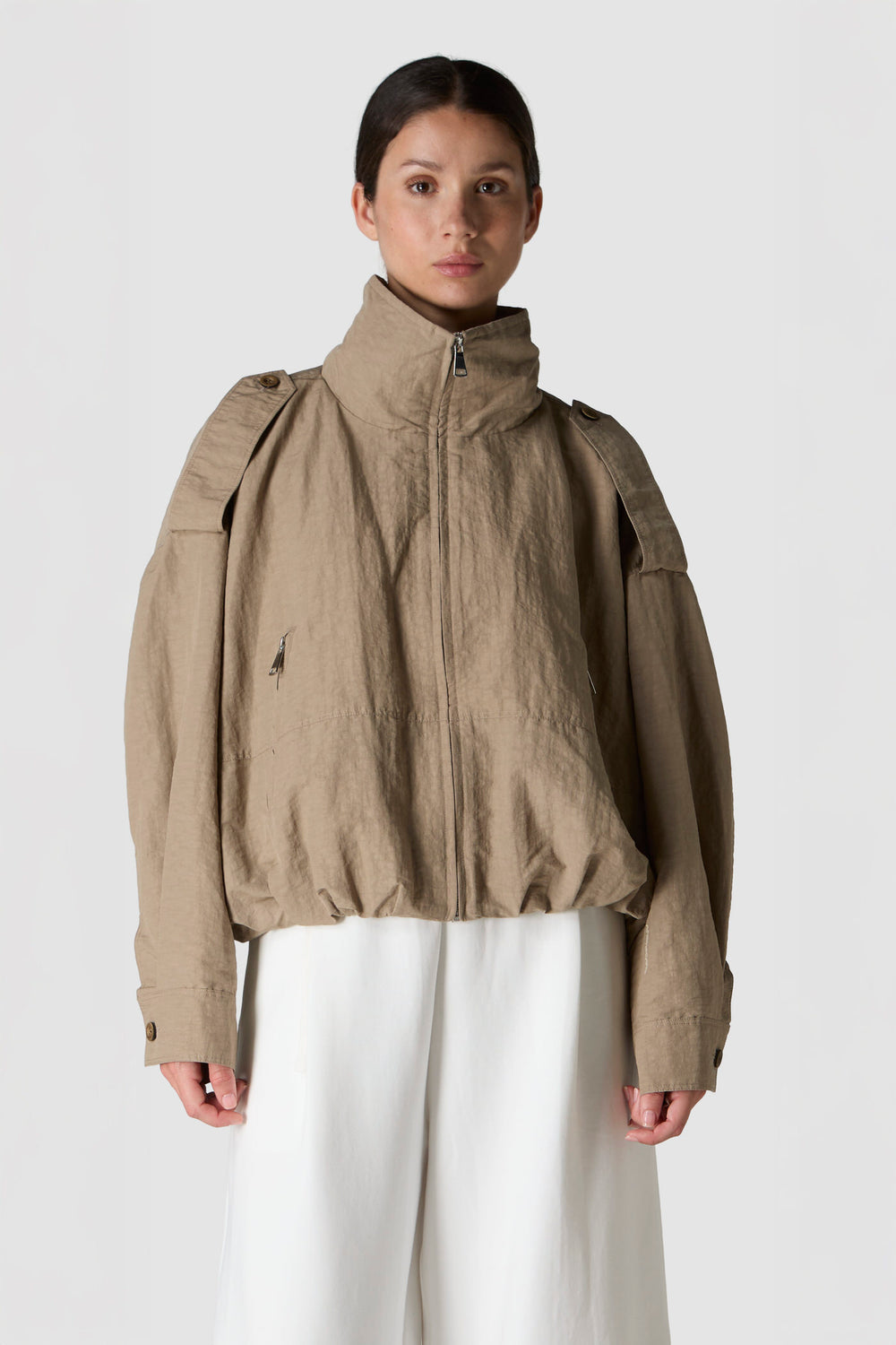 PIOGGIA - GIACCA TRENCH CROPPED IN NYLON LINO